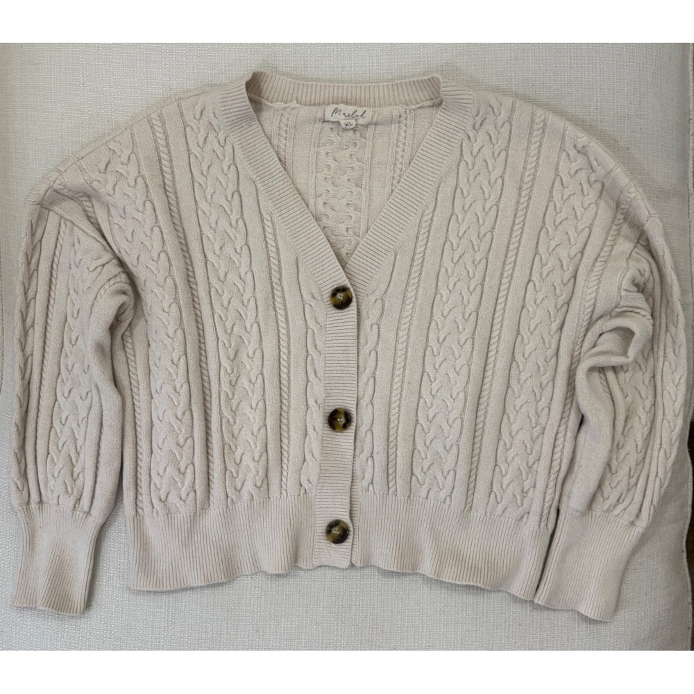 Marled Cardigan Womens XL Cable Knit V-Neck Button Front Cream Excellent